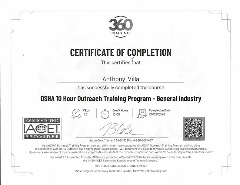 Anthony Villa OSHA License